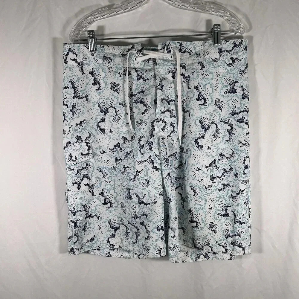 Old Navy Swim Trunks Men's Large White Blue Print Unlined Hook Loop